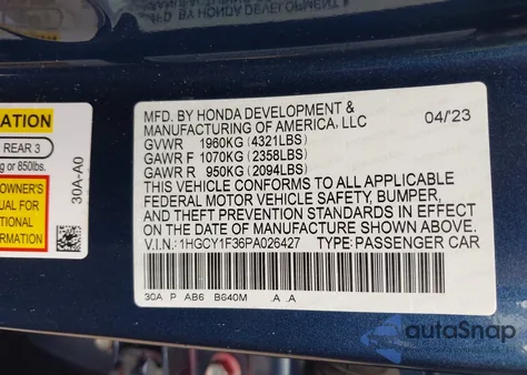 2023 Honda Accord Ex z USA, uszkodzony, nr VIN 1HGCY1F36PA026427